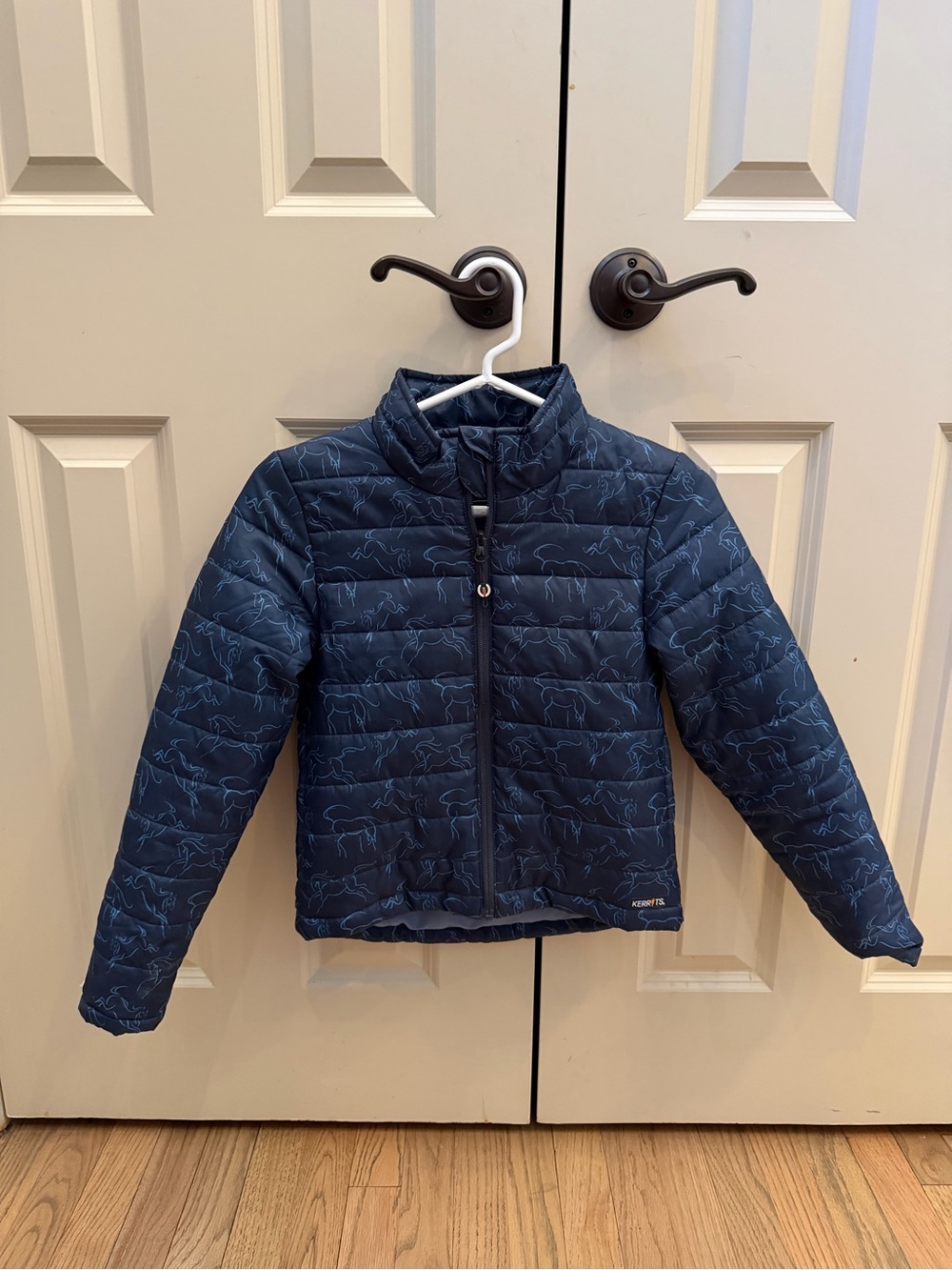 Kerrits Navy Puffer Jacket with Horse Outline Print